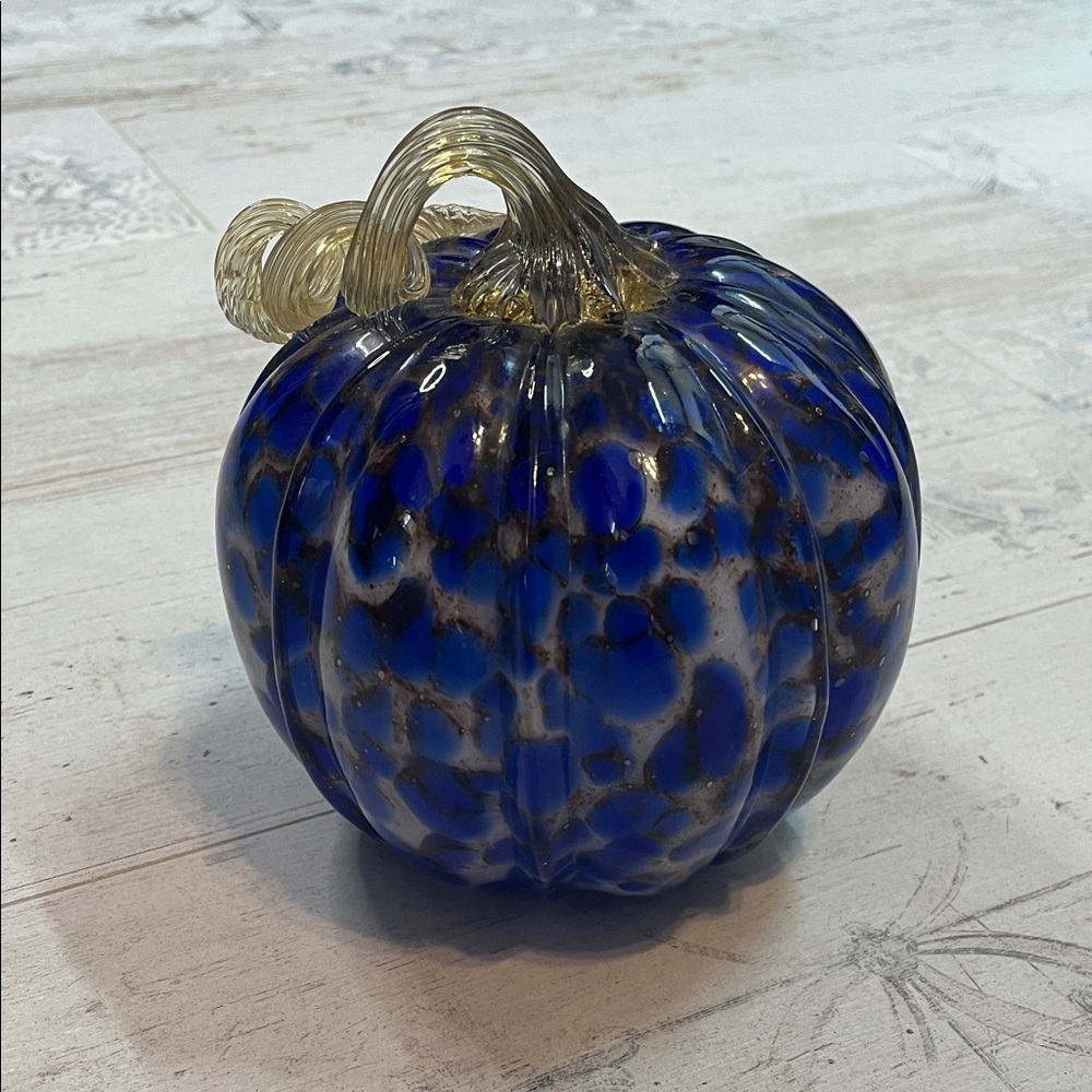 Blue and White Spotted Blown Glass Pumpkin Decor